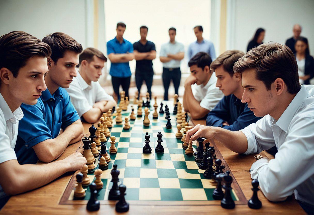 A dynamic chess scene with diverse players engaged in intense matches, set inside a grand chess hall filled with ornate pieces and trophies. Spectators are seen discussing strategies and sharing insights around. A close-up of a player contemplating an advanced technique, pieces in mid-move, capturing the tension and focus. super-realistic. vibrant colors. white background.