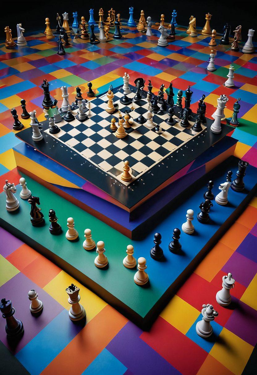 A dynamic scene of people of different ages and skill levels playing chess on a giant chessboard made of books and computer screens. The background features floating chess pieces and educational resources, like tutorial videos and strategy guides. Vibrant colors highlight the energetic learning atmosphere. 3D. super-realistic.