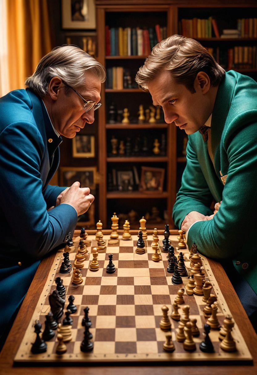 An intense chess match in progress, with a grandmaster making a bold move against a determined opponent; chessboard featuring captivating and intricate strategies; background filled with books and trophies, symbolizing mastery and achievement. The scene is lit dramatically, highlighting the tension and focus of the players. super-realistic, vibrant colors, dramatic lighting.